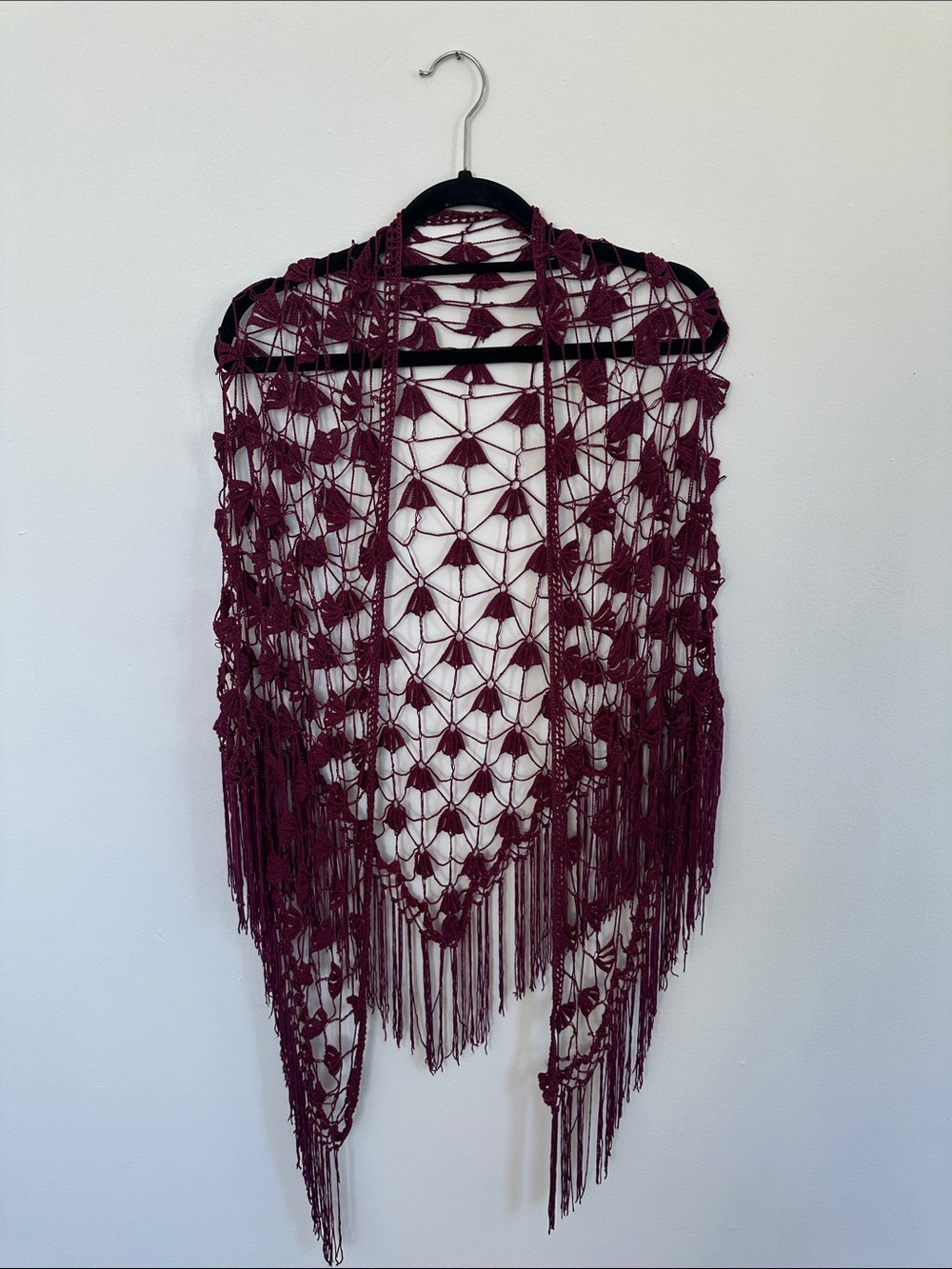 Boho Crochet Fringe Shawl - Wine